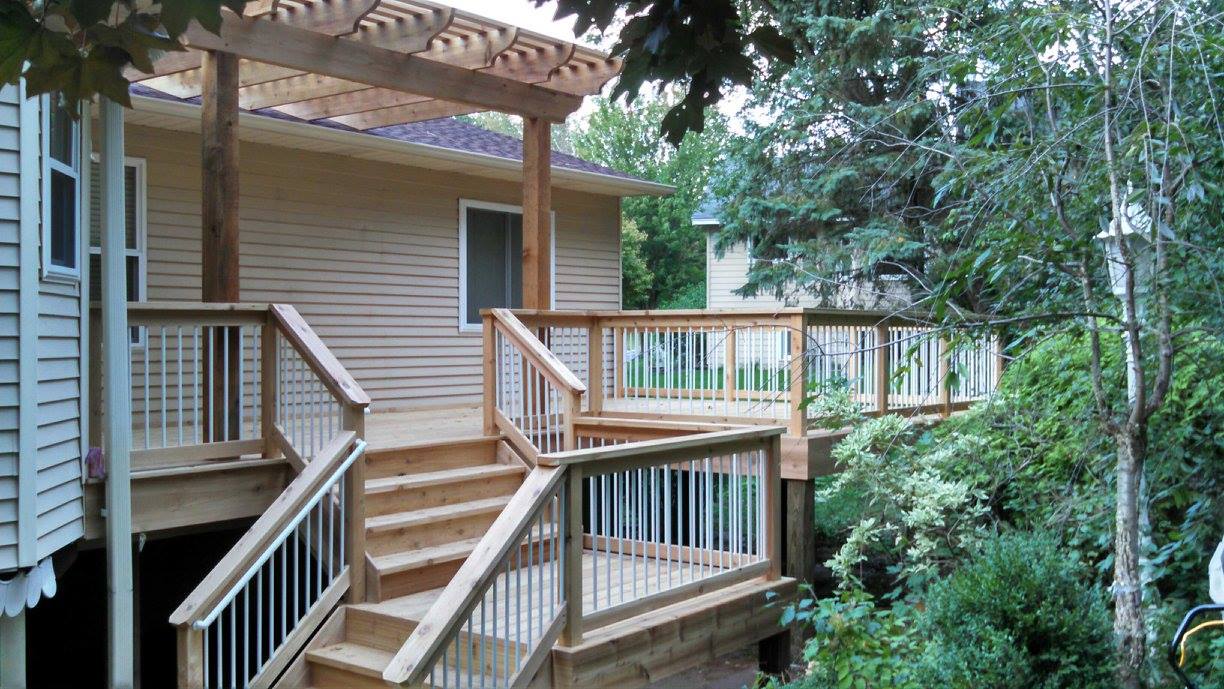 Cedar deck and railing with Pergola over deck